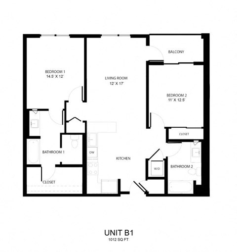 Floor plan for 2 beds, 2 baths, 1012 sqft